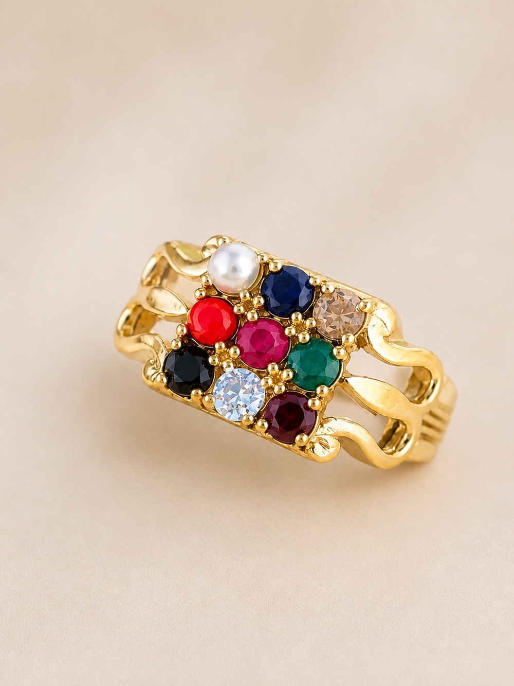 Gold Plated 9-Multi-Stone Navratna Gemstone Ring Sz 9.75